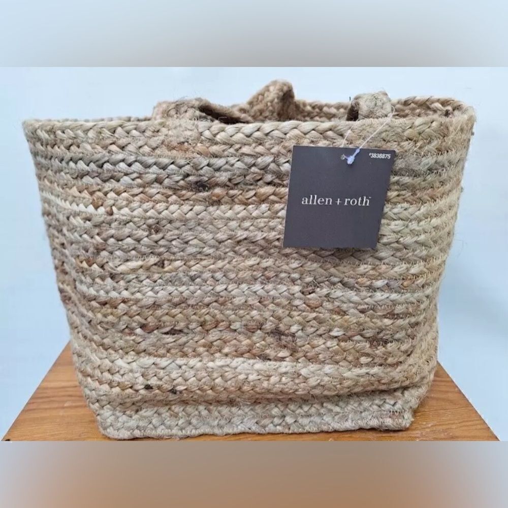 COPY - Allen Roth Natural Jute Woven Shopping Tote Basket Beige Brown, Carry Ha…